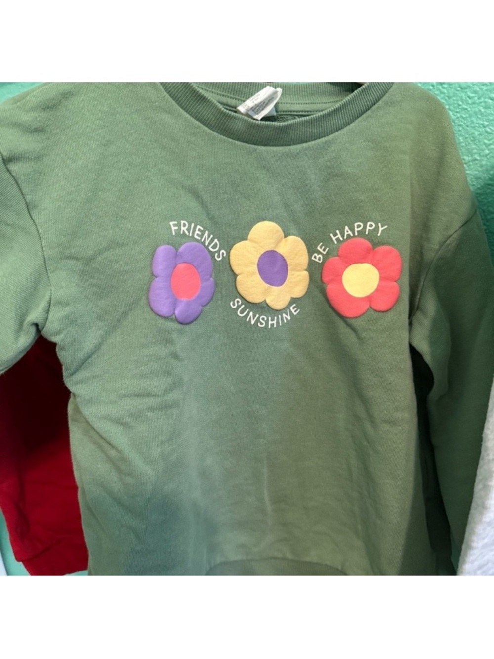 H&M Green Sweatshirt with Colorful Flower Appliqués